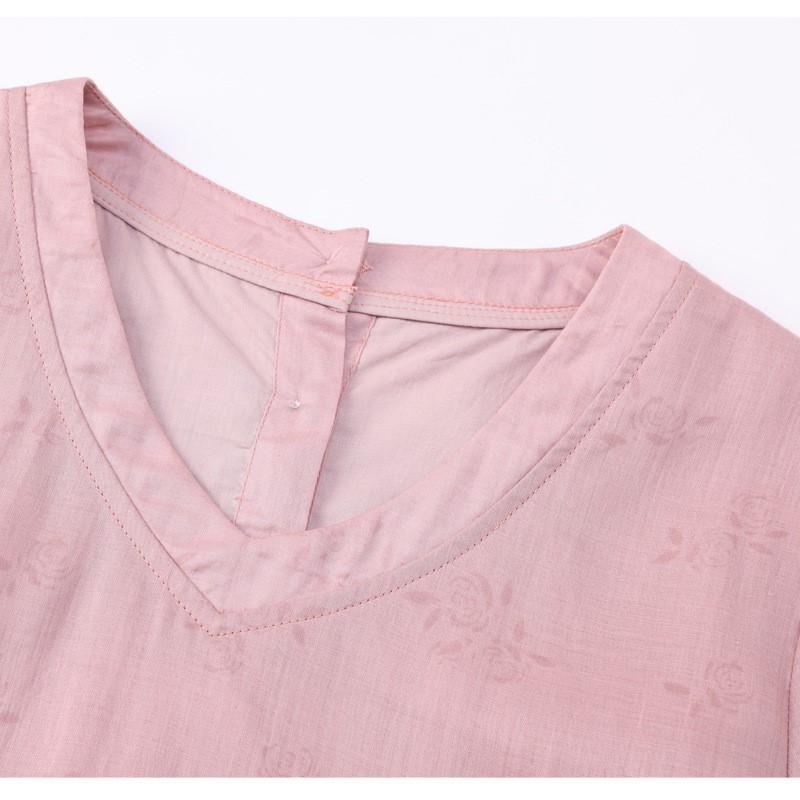 Johnature Woman Autumn Short Sleeves Dress Vintage Solid Color Loose Chinese Style V-Neck Dress