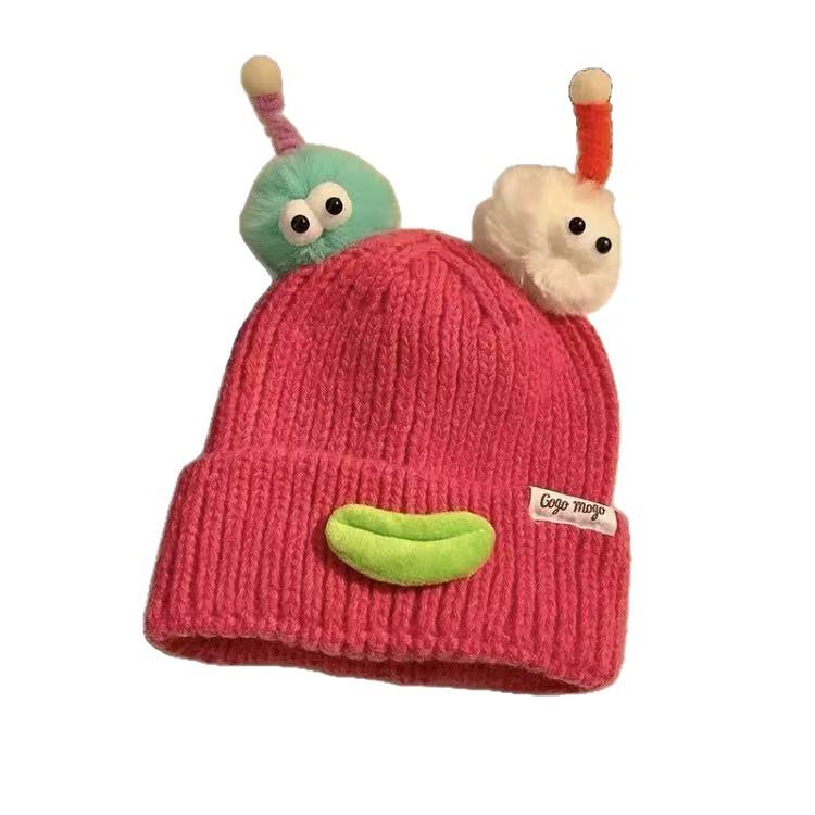 Autumn and winter warm ugly cute funny cartoon sausage mouth wool hat female cute big head circumference knitted ear protection hat tide