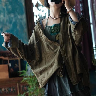 Frauen Vintage Fledermaus Ärmel Shirts Tops Taste Herbst Blusen Drehen-unten Kragen Chinesischen Stil Shirts