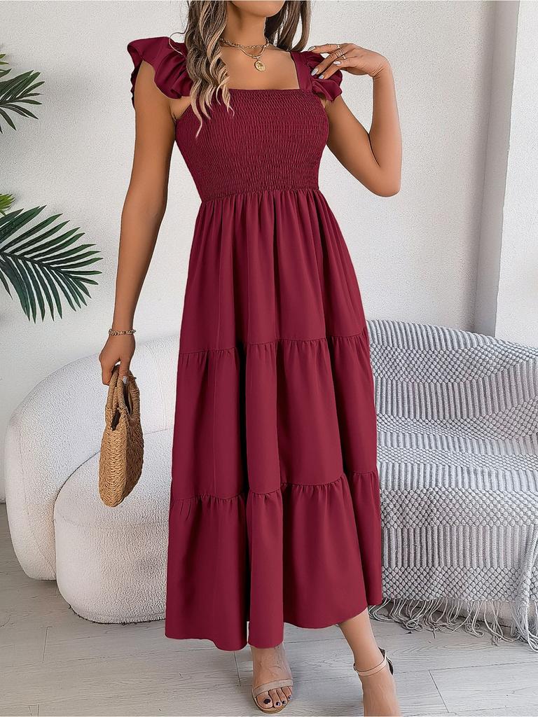 Square Neck Solid Color Dress High Waist Elegant Ruffle Edge Dress for Women Sleeveless Loose Dresses Causal Dress