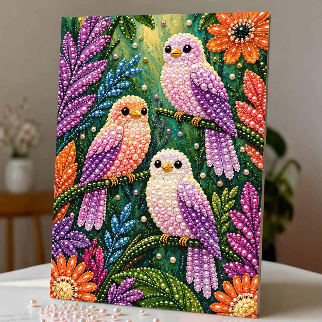 Beautiful Framed Pearl Painting Kit Cute Birds and Flowers Design DIY 3D Bead Art Canvas Creative Wall Decor Gift for Adults