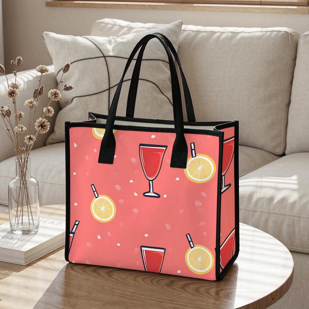 Cute Drink Pattern Canvas Tote Bag Portable Casual Shopping Shoulder Bag for Daily Use