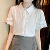 New Arrivals Open Run Women Frill Decoration White Short Sleeve Blouse Double