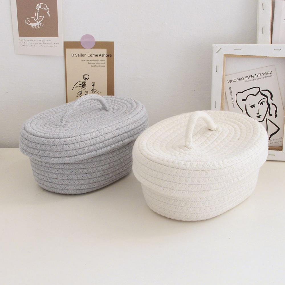 Woven Baskets Cotton Knitting Basket With Lid Small Basket Grey Baskets Desktop Sundries Cosmetics Toys Storage Basket