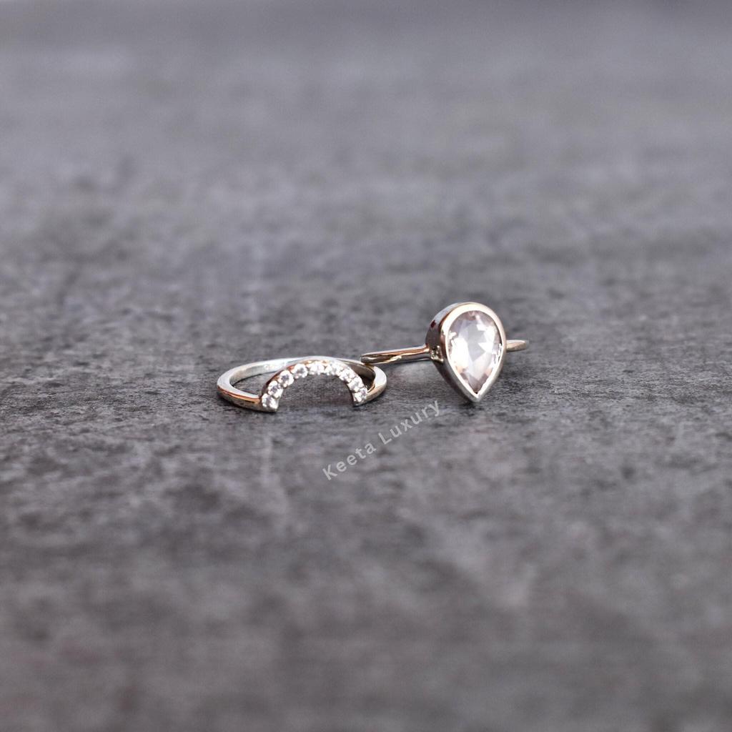 Natural Rose Quartz ring set Pink quartz statement ring with eternity band Sterling silver fashion ring for women Pear cut ring