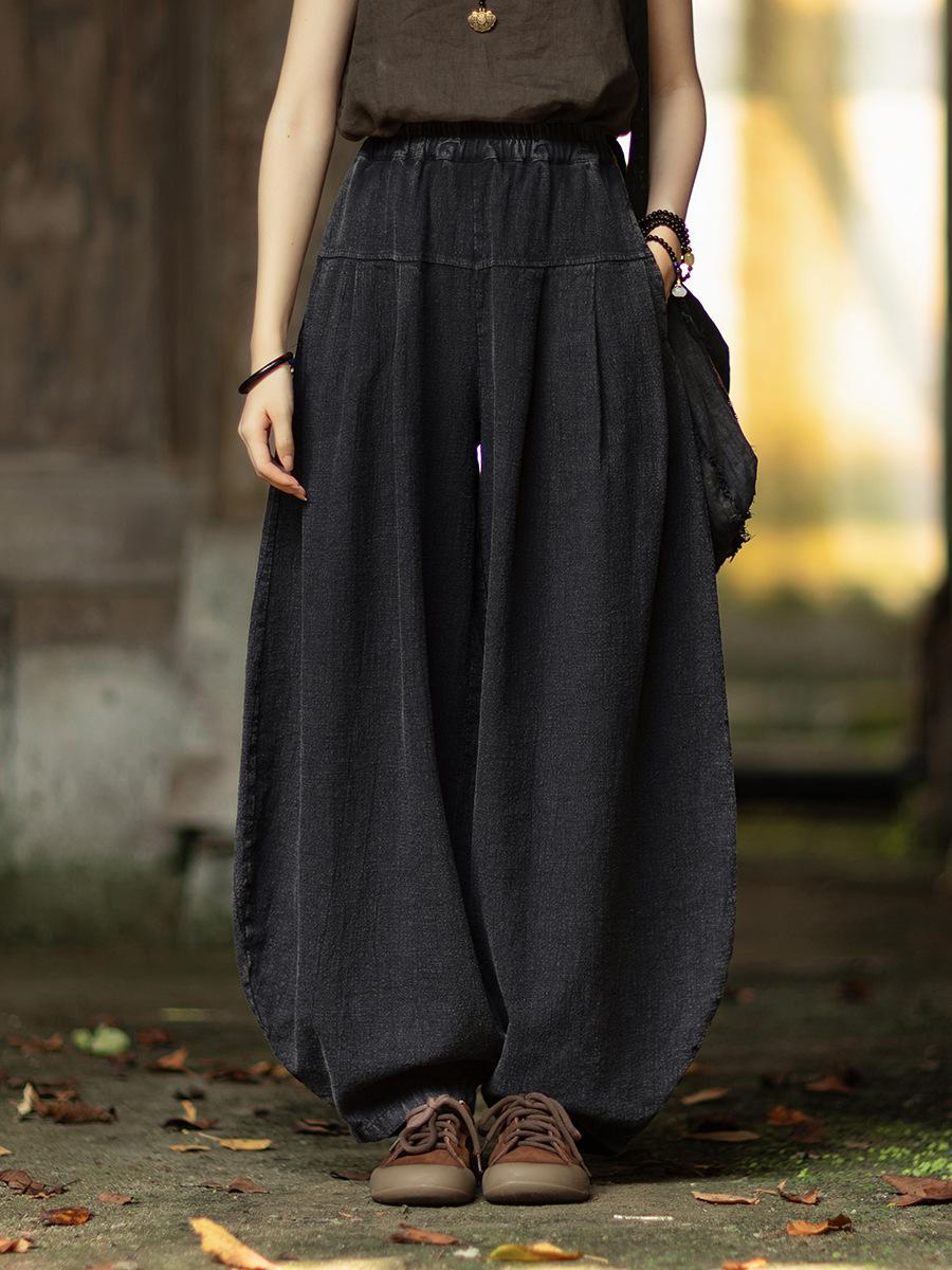 

Johnature Женские винтажные штаны-блумеры однотонные свободные брюки осенние карманы пэчворк длинные штаны One Size чёрный