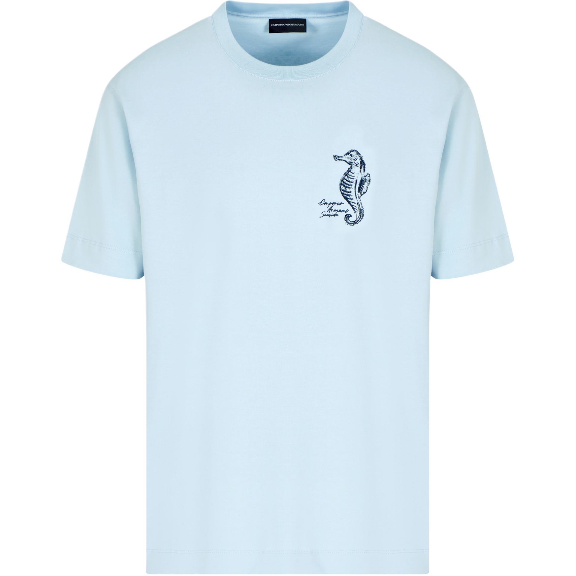 Emporio Armani SS25 Seahorse Embroidered Striped T-Shirt Men Tops Light-Blue EM001031-AF12926-U9378 L