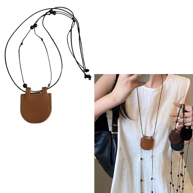 Fashionable Leather Necklace Bag for Earphone Protective and Coin Holding Perfect for Outdoor Activities Daily Use
