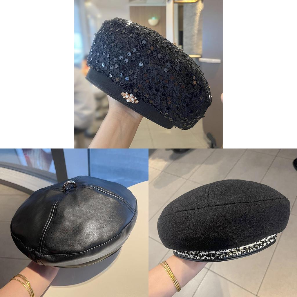 Womens Black Felt Beret With Sparkling Sequins For Fall And Winter Wear