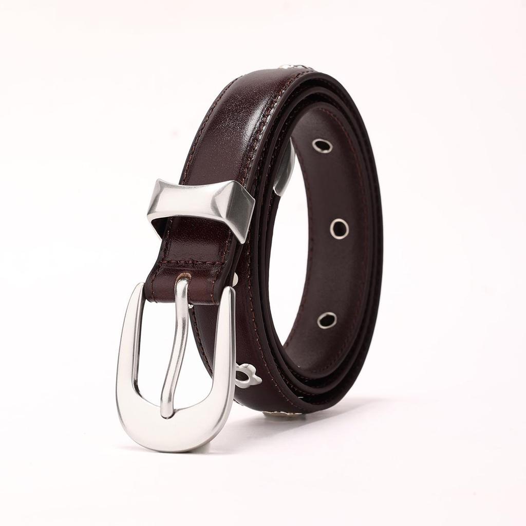 New Women's Retro Black Cowhide Leather Belt with Silver Buckle and Minimalist Design