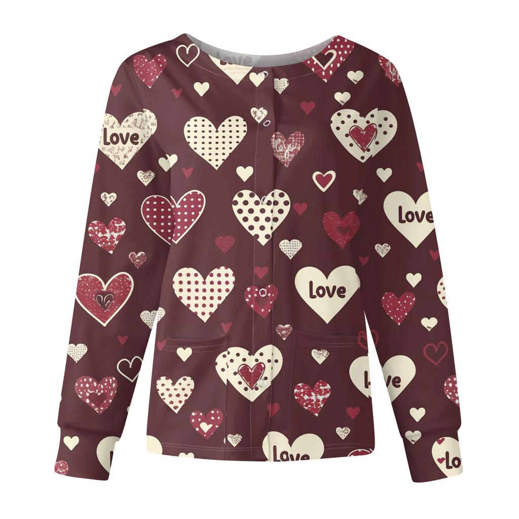 Women's Casual Fashion Long Sleeve Standing Collar Single Breasted Valentine's Day Print Workwear Jacket Tops