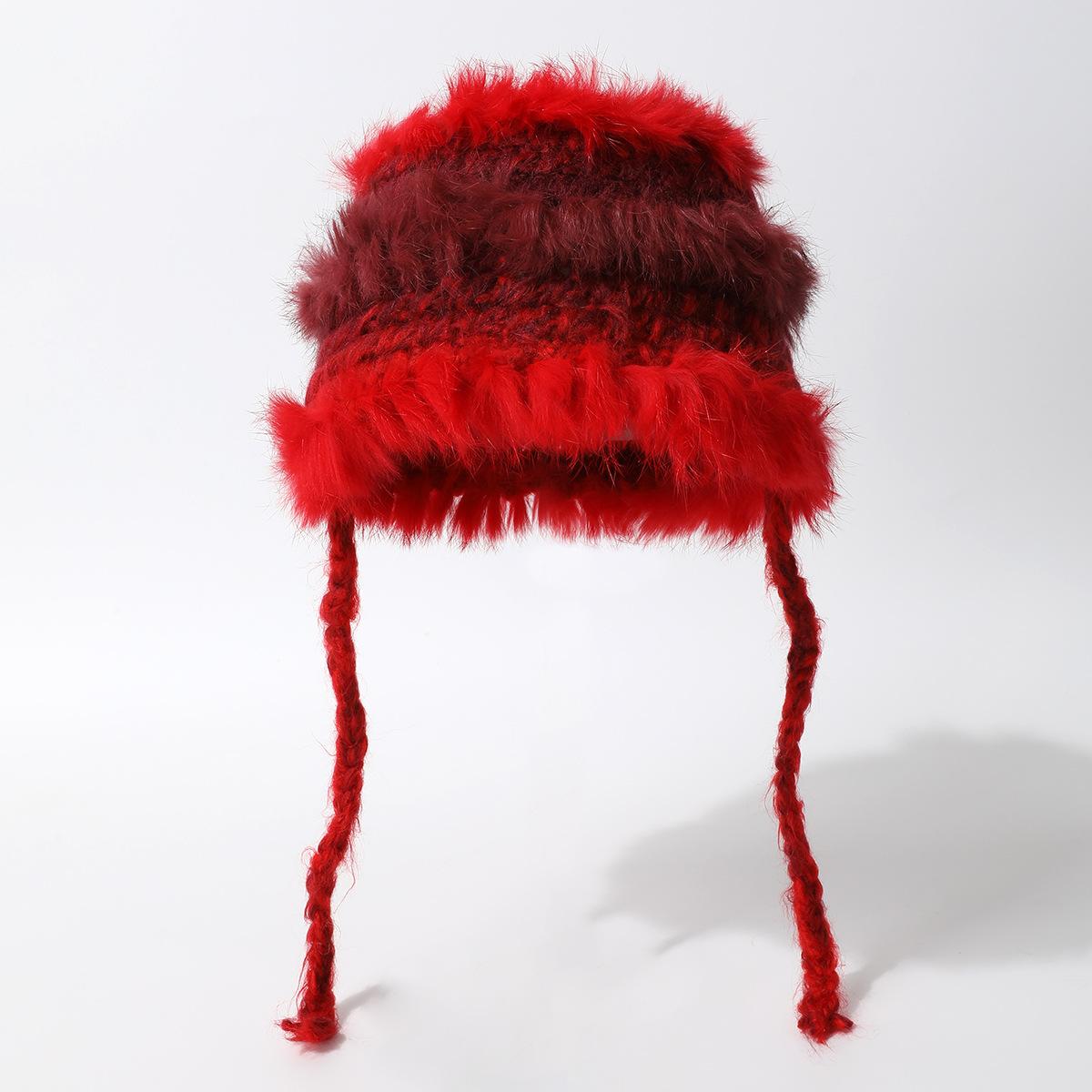 Contrasting Stripes Imitation Rabbit Hair Straps Wool Hat Women S Warm Versatile Ear Protectors Plush Bucket Hat Tide 【plush hat】one size
