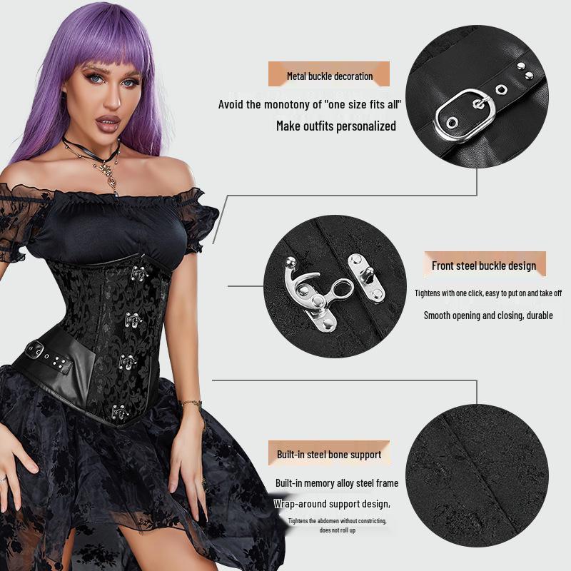 Gothic Black Jacquard Waist Cincher Corset with Leather Trim