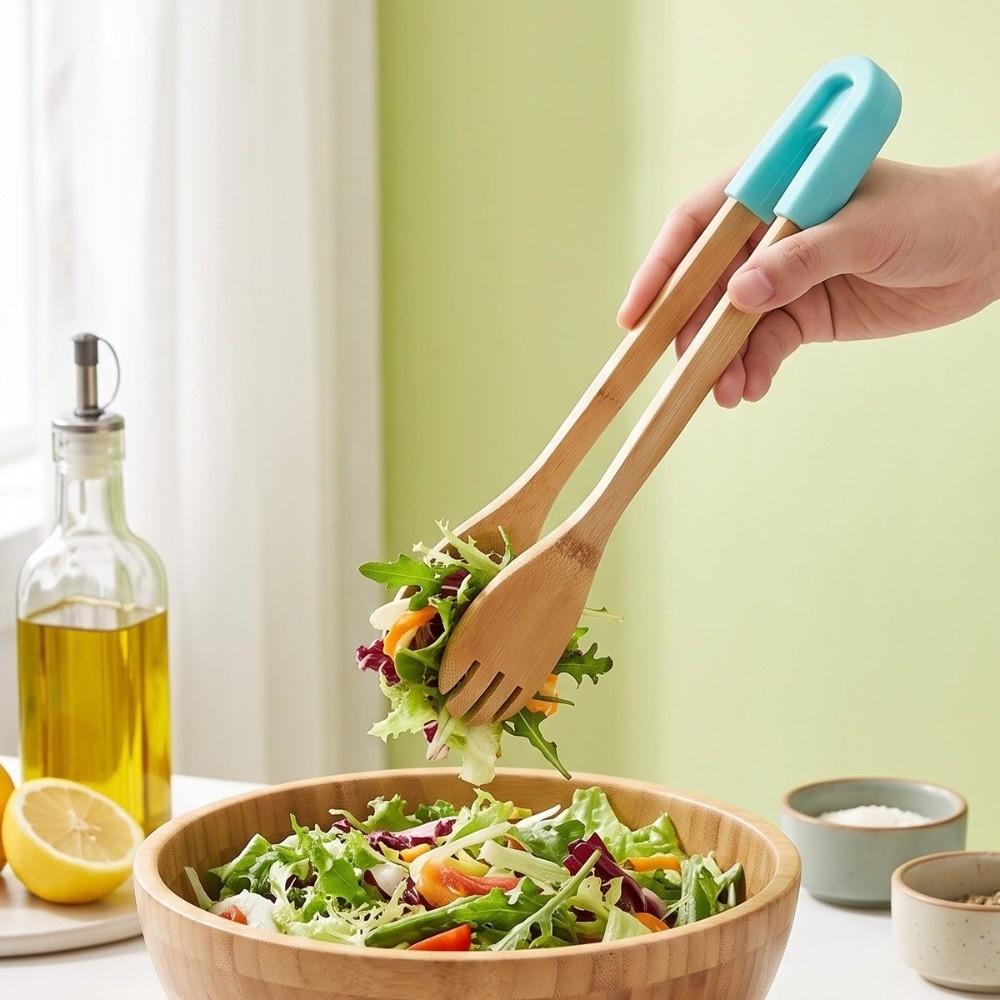 Bamboo Food Tongs Silicone Connector Bread Clip New Kitchen Serving Tong Salad Preparation