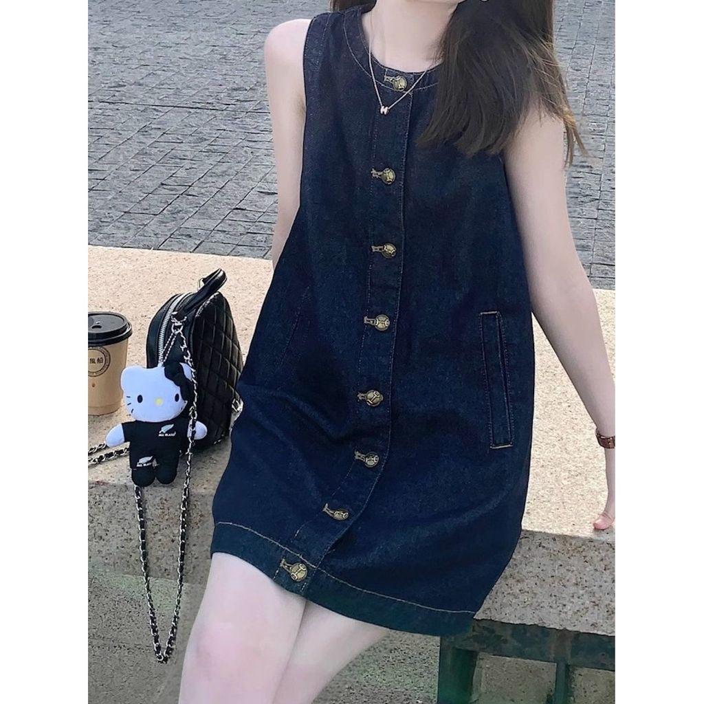 Vintage Korean Style Denim Button Dress With Knit Fabric For Casual And Travel Use