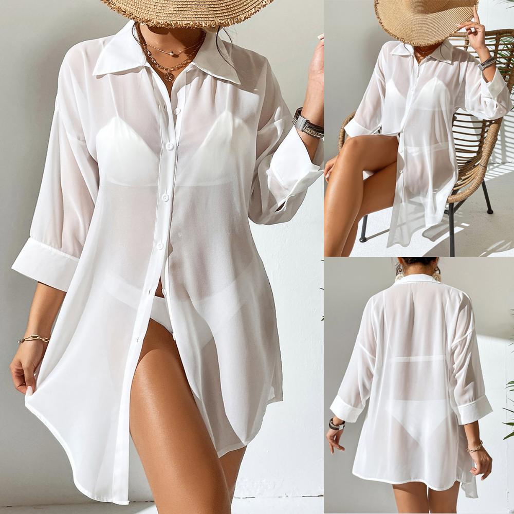 Women's Chiffon Shirt Polo Casual Blouses Beach Sunscreen Shirt Tulle Top
