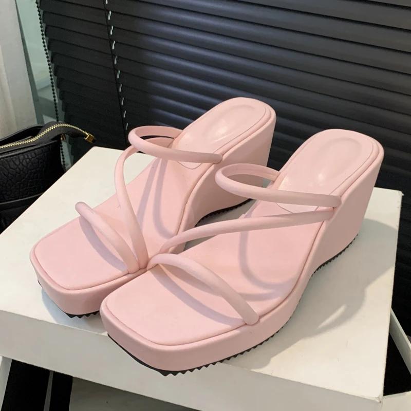 Fashion Eilyken Street Style Design Narrow Band Square Toe Platform Wedge High Heels Woman Slippers Fashion Slide Shoes