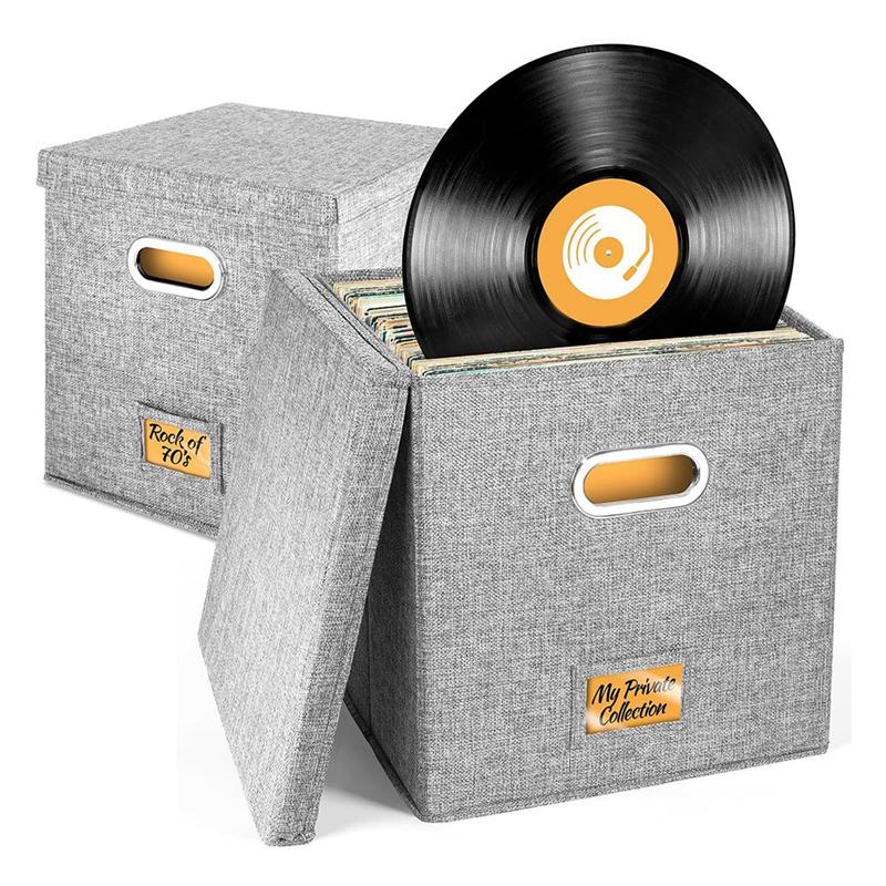 A25F-For 100+ Single Records Organizer 13 Inch Vinyl Record Storage Boxes With Lids And Handles, LP Record Box 2Pcs