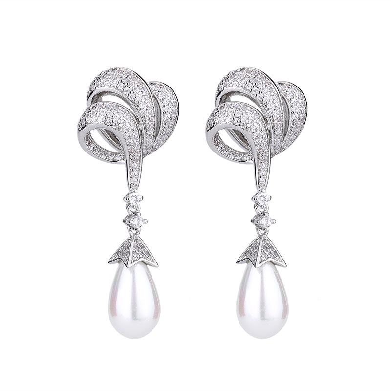 Pearl Set Imitation Pearl Collarbone Chain Bow Double Row Pearl Necklace Women'S Crystal Gemstone Pearl Earrings