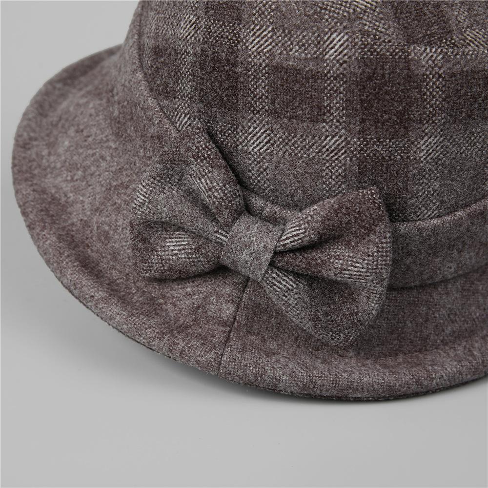 Middle-Aged Old Man Season Elegant Bow Mom Hat Female Thickened Woolen Basin Hat Grandma Plaid Bucket Hat