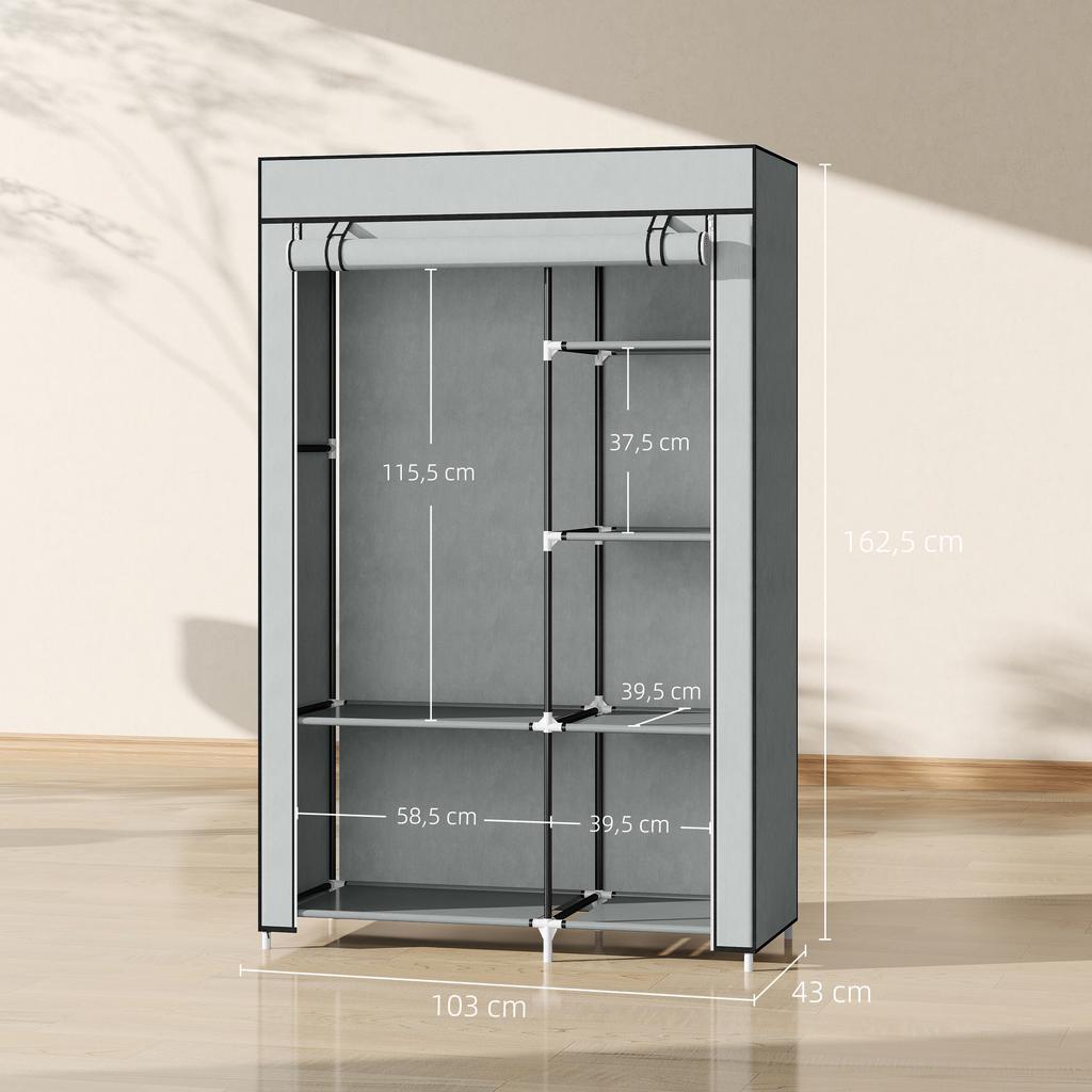 Fabric Wardrobe w/ Shelves Hanging Rail Foldable Wardrobe Light Grey
