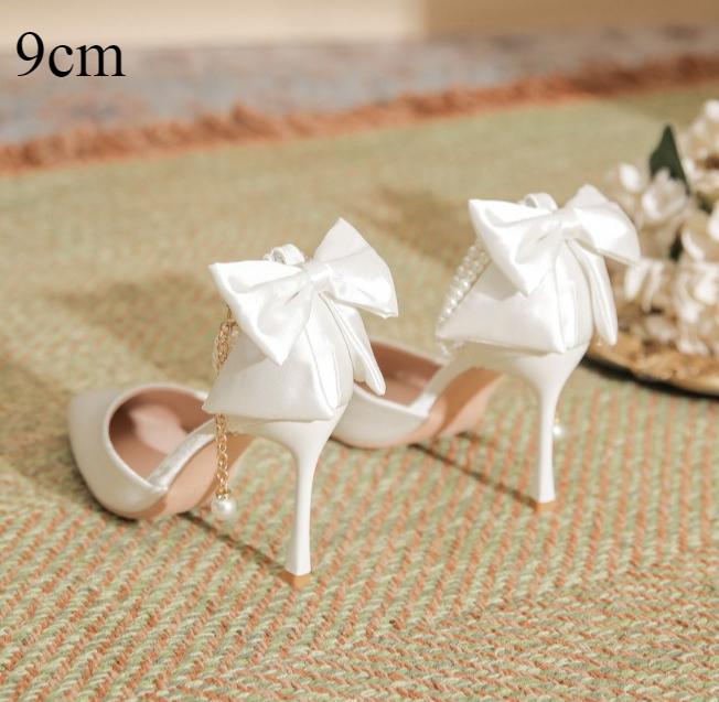 Fashion High Heeled Women's New Pointed Thin Heel Silk Satin Hollow Heel Bow High Heels Women Versatile Commuter Single Shoes for Women