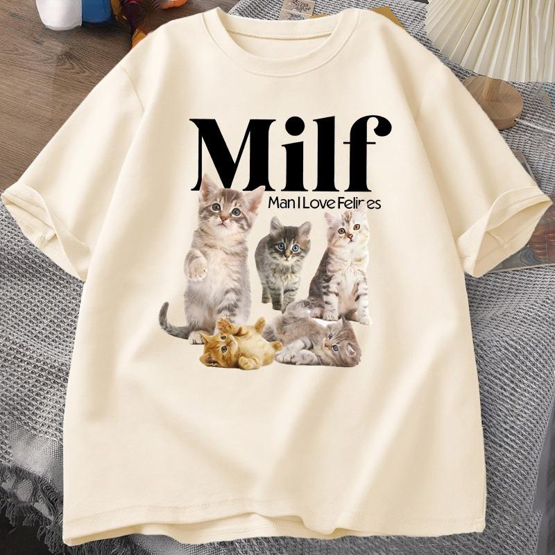 MILF Unisex Amo i Felini Cottagecore Gatti Maglietta per Donne Unisex Amante dei Gatti T-shirt Divertente con Cuccioli Stampati Larga Streetwear