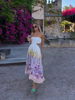 Women's Floral Prined Backless Lace Up Midi Dresses 2024 Summer Strapless Off Shoulder Print Hollow Out Dress Lady Streetwear
