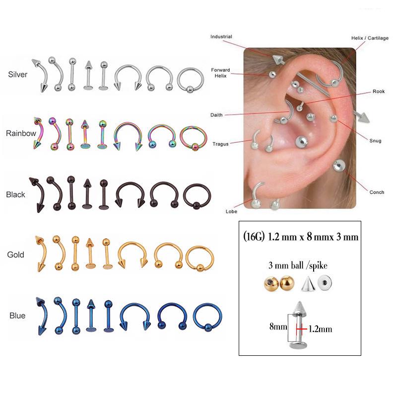 8-Style Stainless Steel Body Piercing Jewelry Set: Tongue, Lip, Eyebrow, Nose