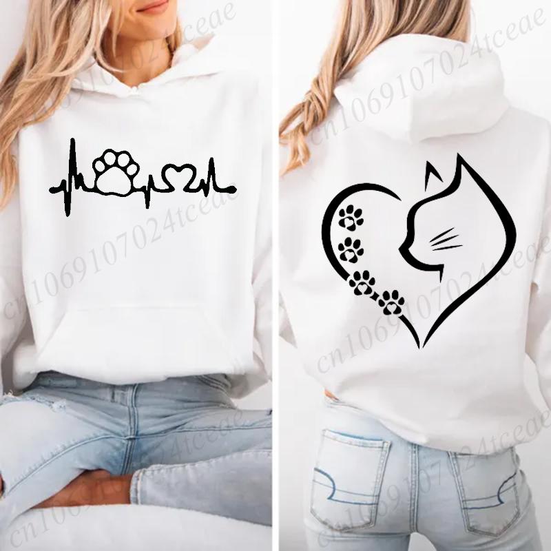 Retro Fashion Cat Heart Printed Hoodie Y2k Street Clothing Cat Lover Men and Women Loose Casual Hooded Sportswear K Pop Clothes