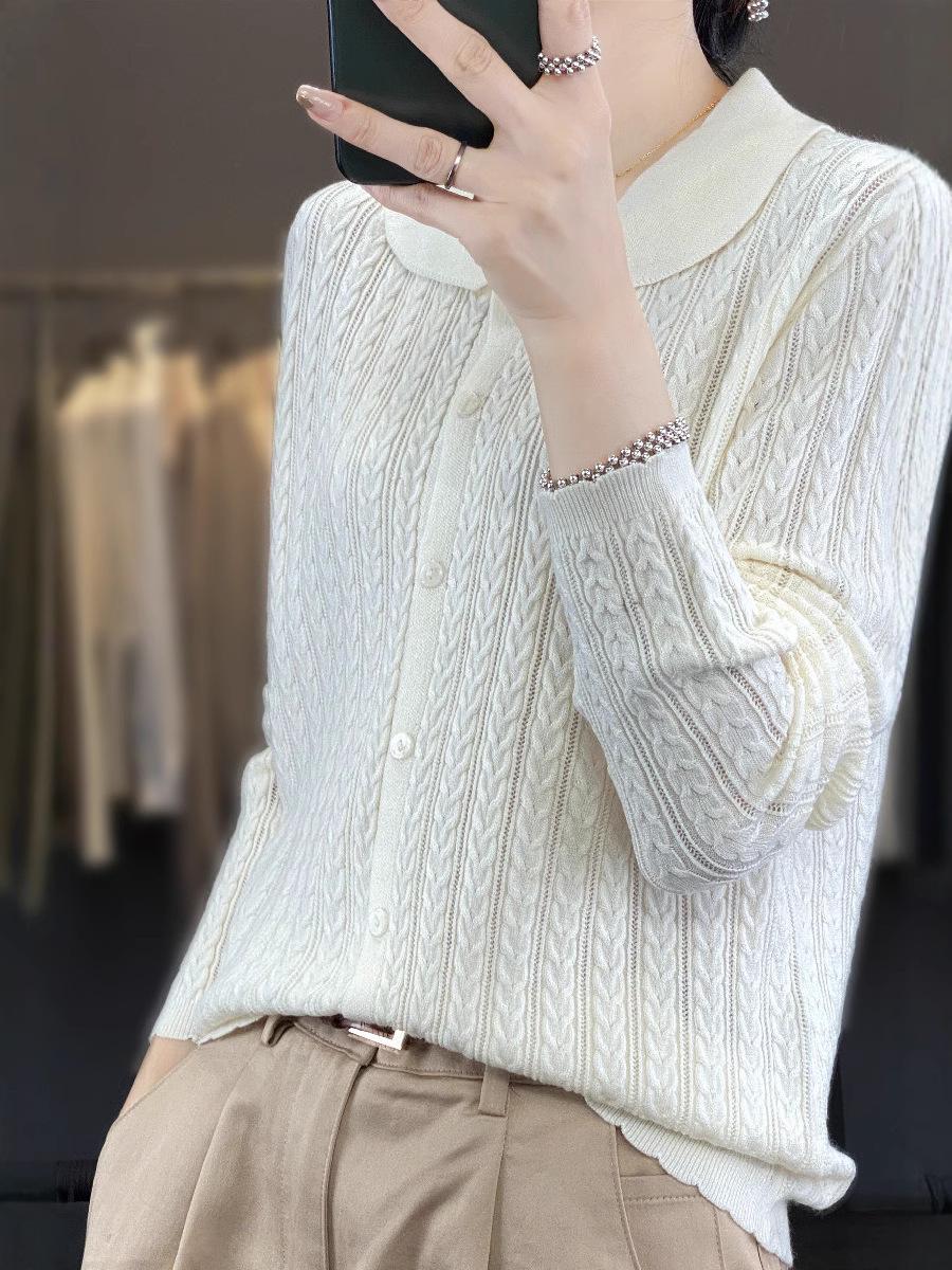 

Women s Peter Pan Collar Knit Cardigan - Twist Stitch Wool, Versatile for Spring & Autumn XXL чорний