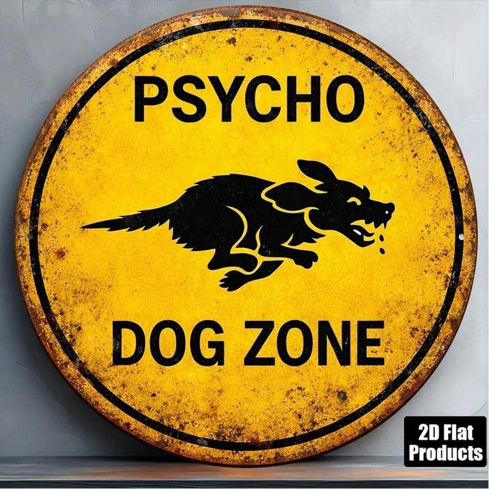 1pc Retro Psycho Dog Danger Warning Zone Tin Sign, 2D Flat Round Metal Plaque, Vintage Wall Art for Garage Bar Office