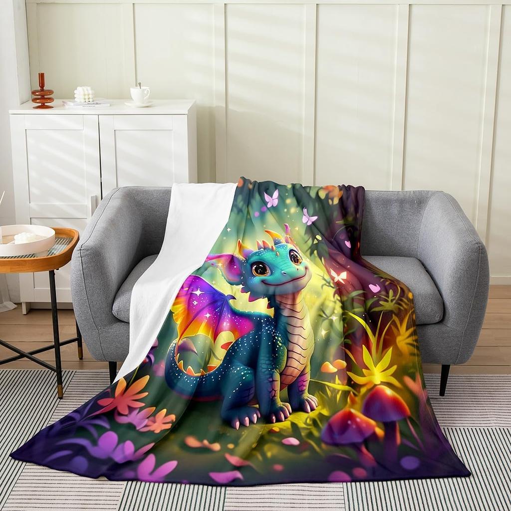 Cute Cartoon Dragon Fleece Throw Blanket Polka Dot Mushroom Twin Size Plush Jungle Butterfly Fantasy Western Dragon Bed Sofa Cov