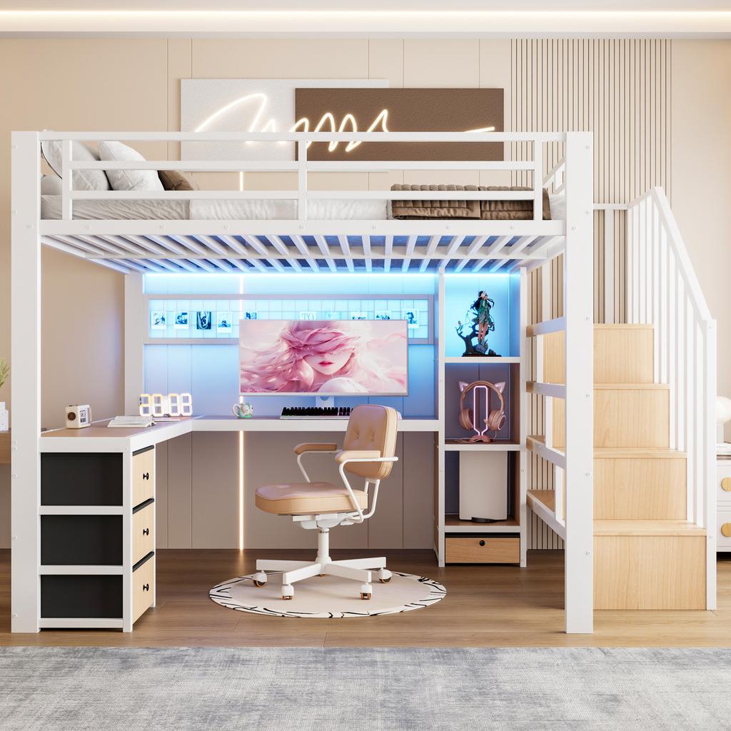 Loft bed, 140 x 200 cm, iron frame, storage compartment, 4 drawers, hanging grid, LED light strip, desk, storage staircase, without mattress, white