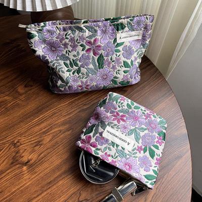 Purple Floral Cosmetic Bag - Portable Travel Toiletry Storage Wallet