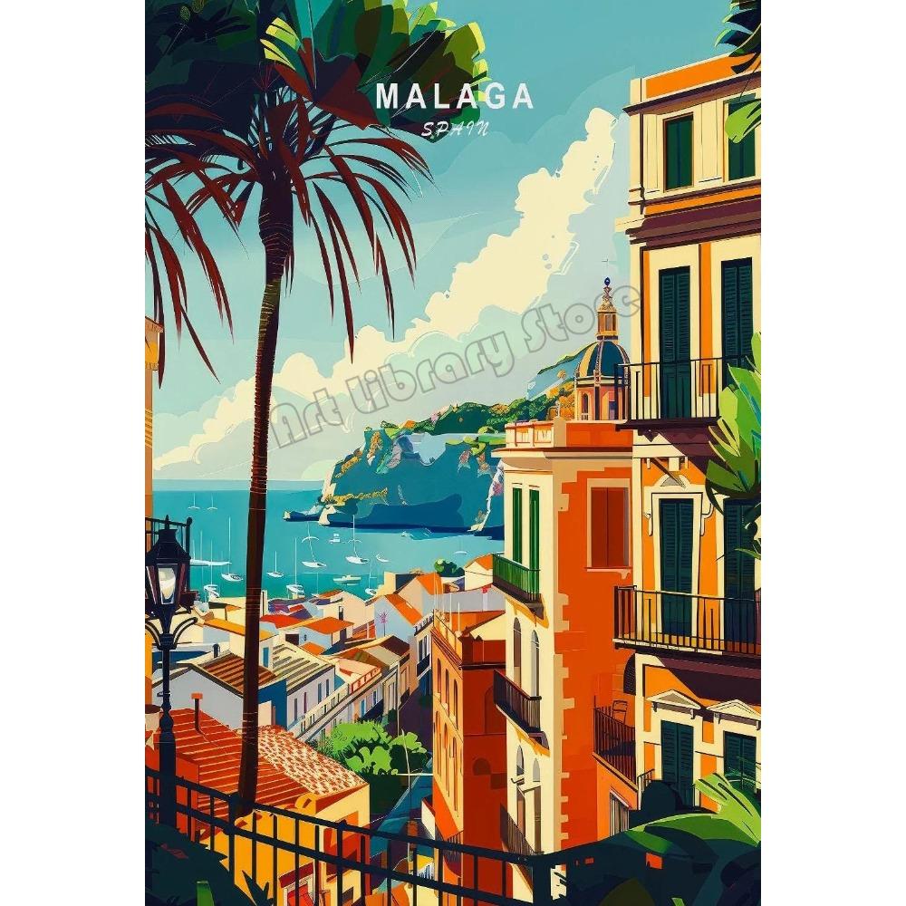 Retro Spain Cityscape Poster Nordic Style Canvas Print Coastal Architecture Art for Wall Decor