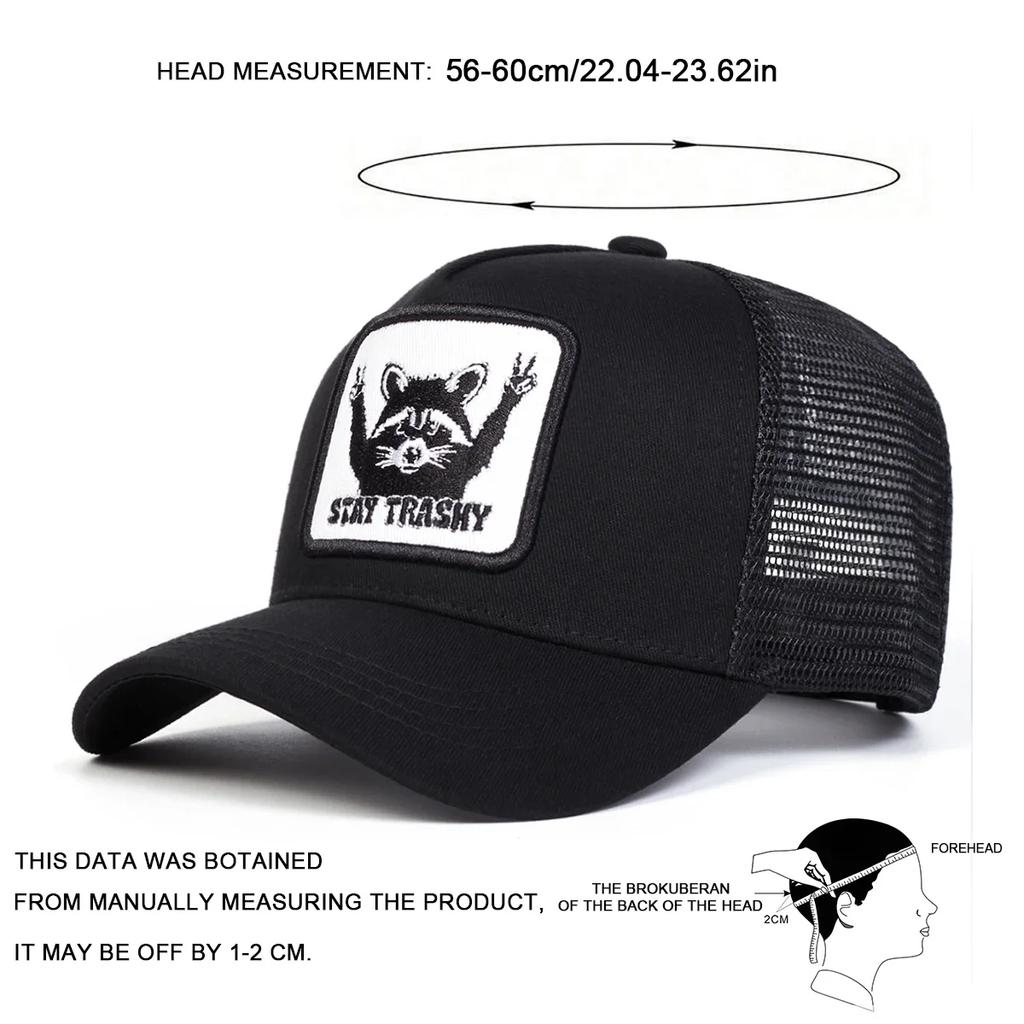 Unisex STAY TRASHY Raccoon Embroidery Baseball Net Caps Spring Summer Outdoor Adjustable Casual Hats Sunscreen Hat Sports Cap