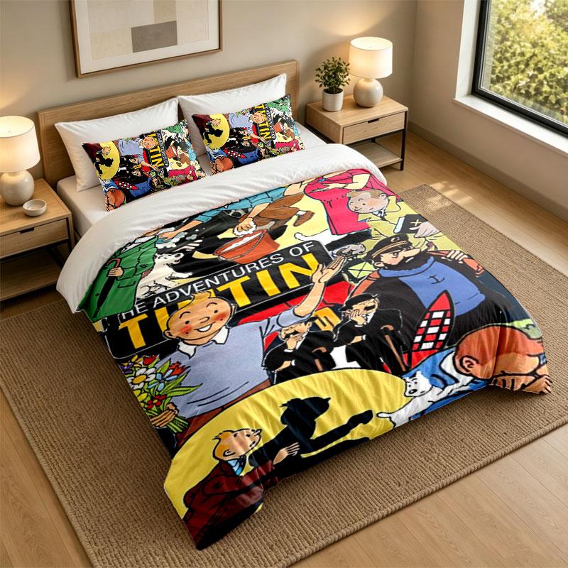 3Pcs Bedding SetTintin Soft Bed Sheet and Two Pillowcases Home Bedroom Decor