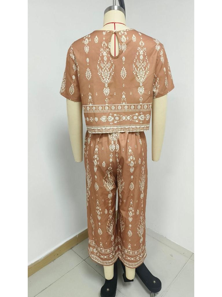 Elegant Color Block Ethnic Print Top & Straight Leg Pants Set for Women