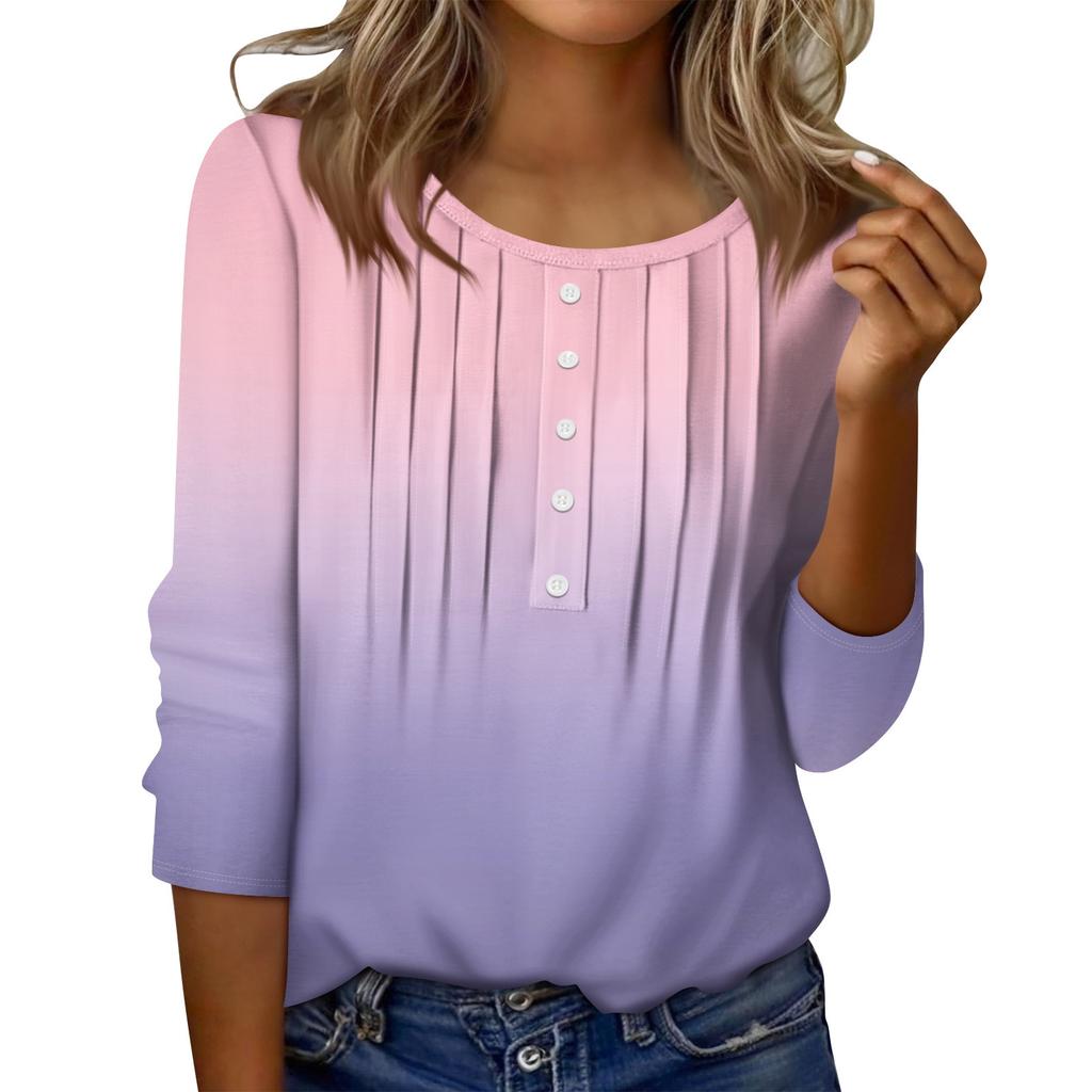 Dames Rund Hals Pull Stripe Dekorativ Knapp Topp Casual Ensfarget 3/4 Ermet T-skjorte