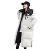 Damen Daunenmantel im koreanischen Stil mit Farbblockdesign und Kapuze - Mittellang, Überknie, Locker, Dick, Kältefest Winteroberbekleidung