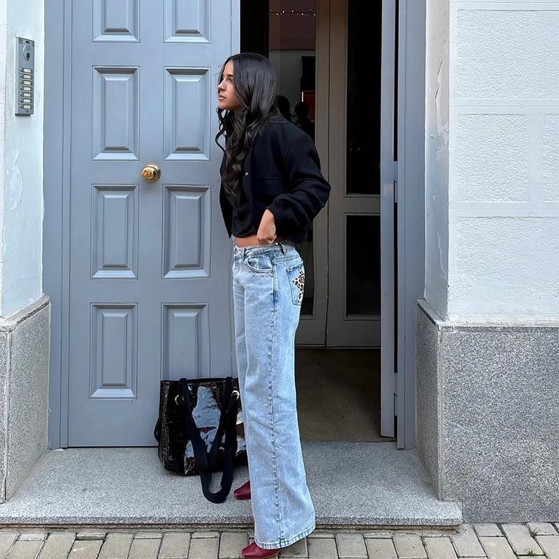 Vintage Star Print Denim Jeans Women Loose Straight Cut Streetwear Casual Pants
