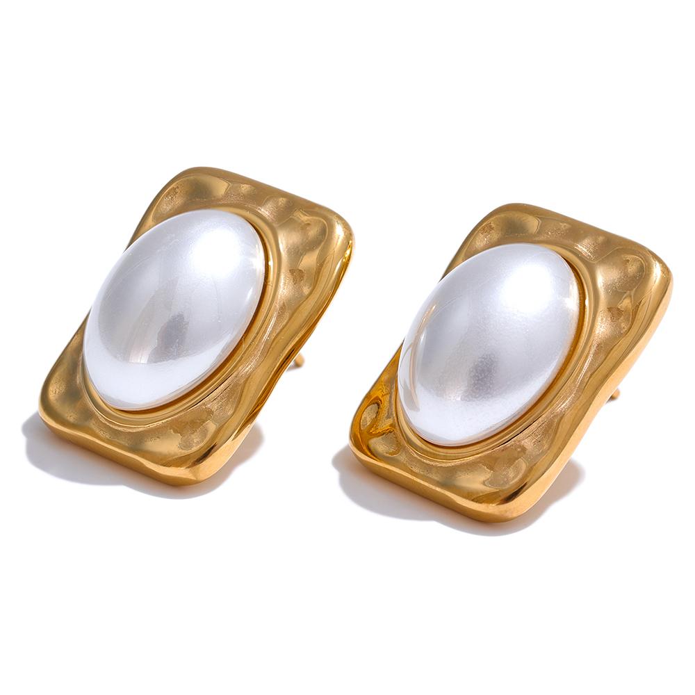 

Yhpup Classic Vintage Imitation Pearls Square Rectangle Stud Earrings Waterproof Hammer Metal Stylish Charm Golden Jewelry Gift