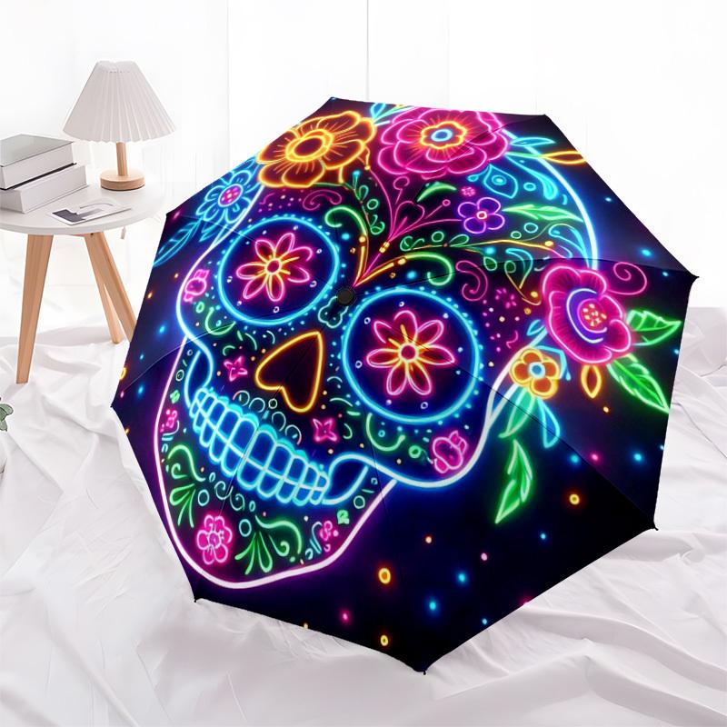 1pc Colorful Neon Sugar Skull Artwork Umbrella with Plastic Handle,Suitable for All Seasons Home Travel Outdoor UmbrellaDD1469