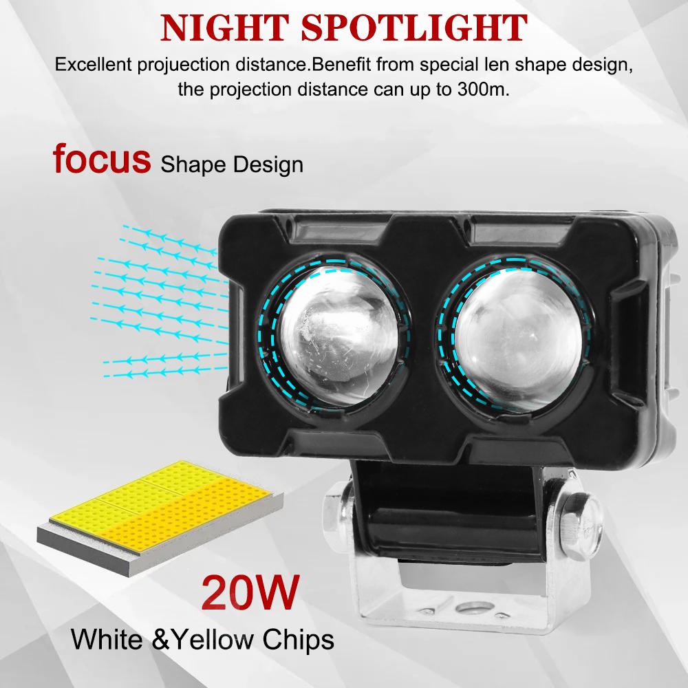 Motorcycle LED Motorcycle Accessories 20W Dual Color White Yellow Light Motorcycles Auxiliary Fog Lamp 1PCS Lens Spotlight Double Lenses Spotlight