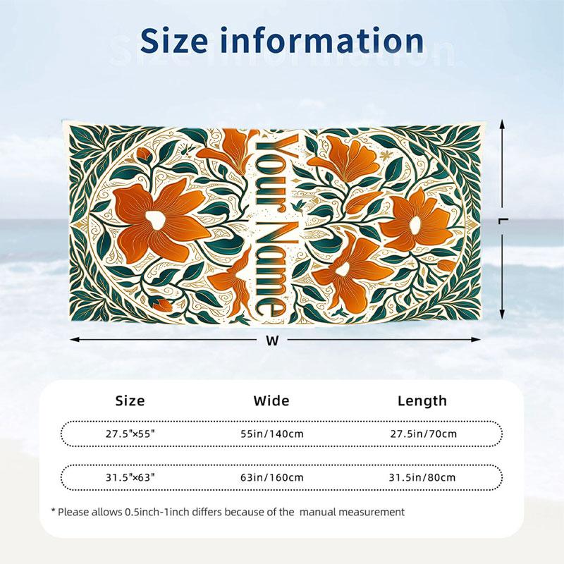 Floral Art Nouveau 4 Theme Quick Dry Beach Towel Custom Name Text Print Large Sand Resistant Towel Beach Vacation