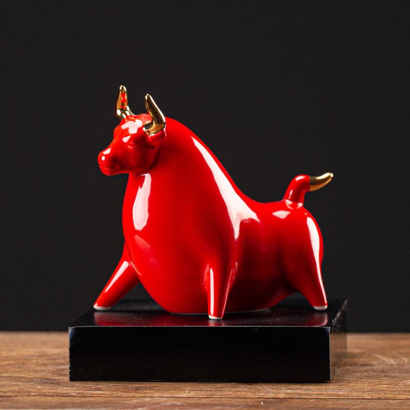 Red Ceramic Ox Figurine: Spirit-Soaring Handicraft for Home or Office Decor
