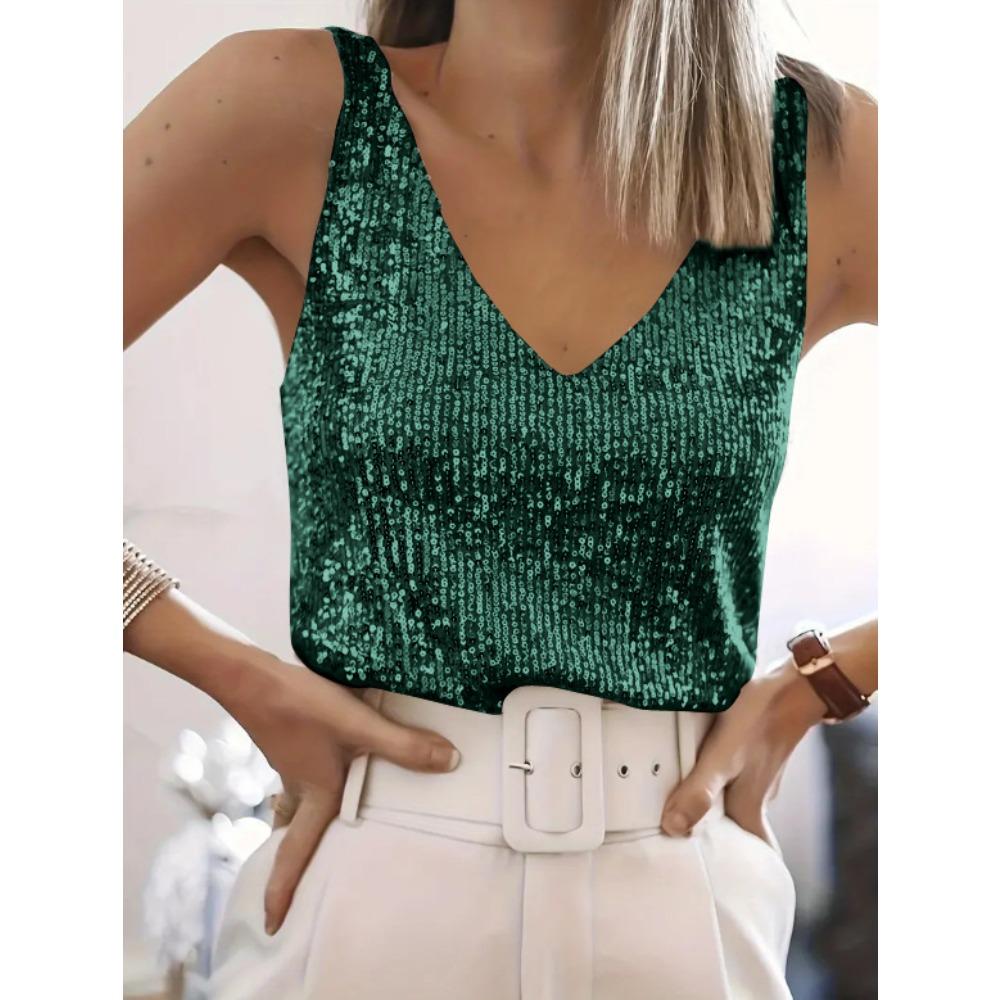 Women's V Neck Sleeveless Sequin Tank Top Straight Fit Elegant Party Cami Top
