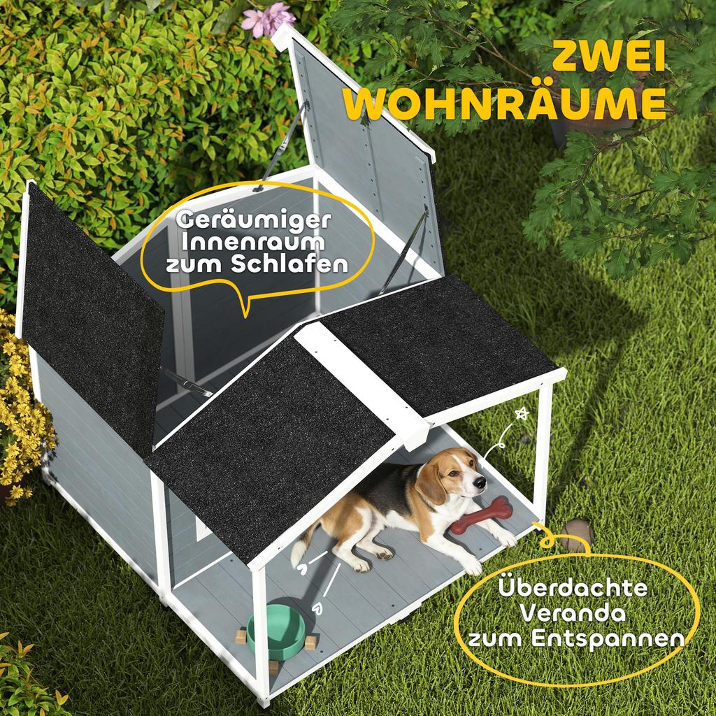 Dog House Weatherproof Elevated Dog House Made of Wood with Asphalt Roof, Terrace, for Medium-Sized Dogs 103x107x83.5cm Grey