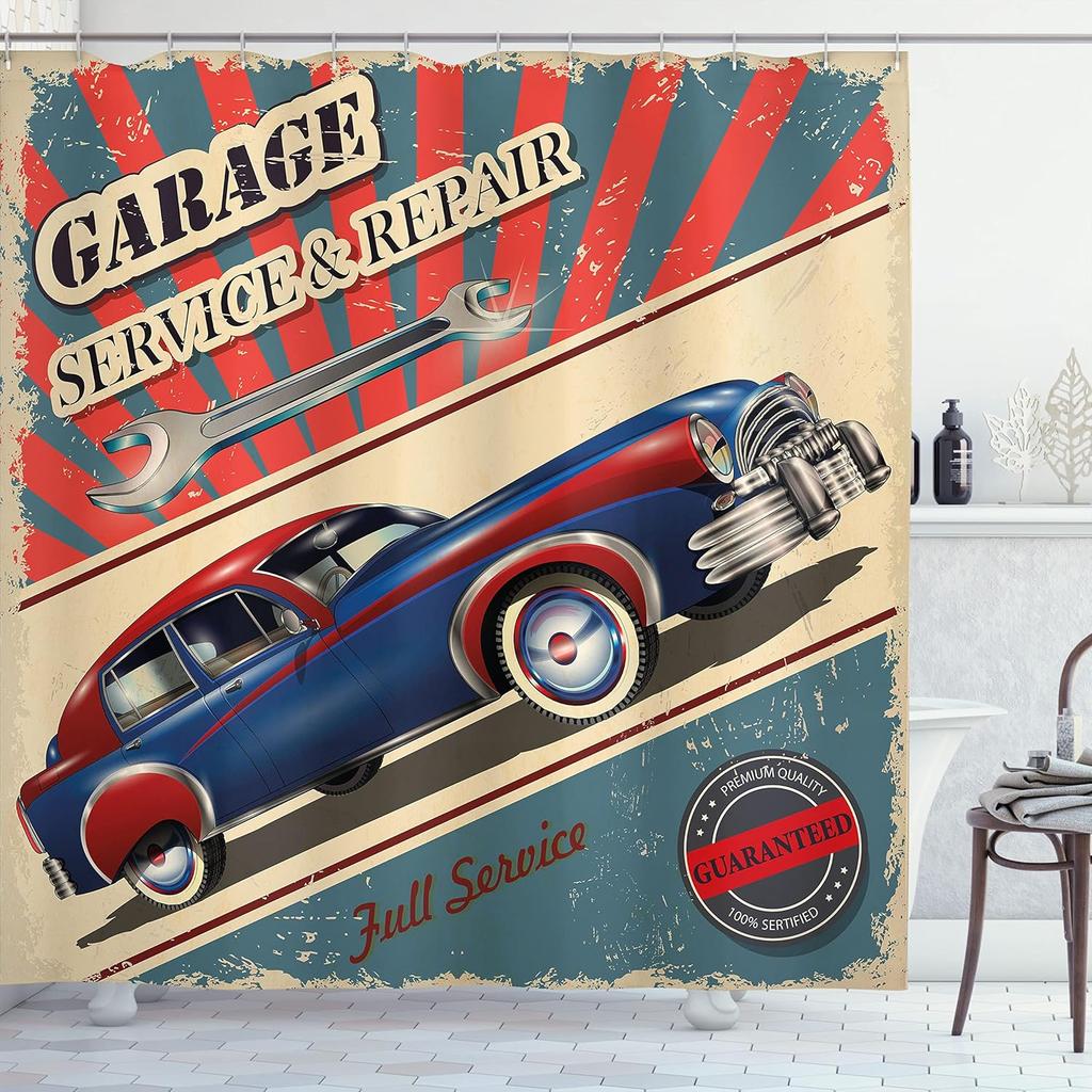 Vintage Car Shower Curtain,Nostalgic Car Garage Service And Repair Store Phrase Dated Faded Waterproof Fabric Bathroom Curtain